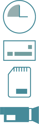 grafische Darstellung Drehvorbereitung, 4 unterschiedliche Icons, eine Uhr, ein Drehplan, eine Speicherkarte, eine Kamera